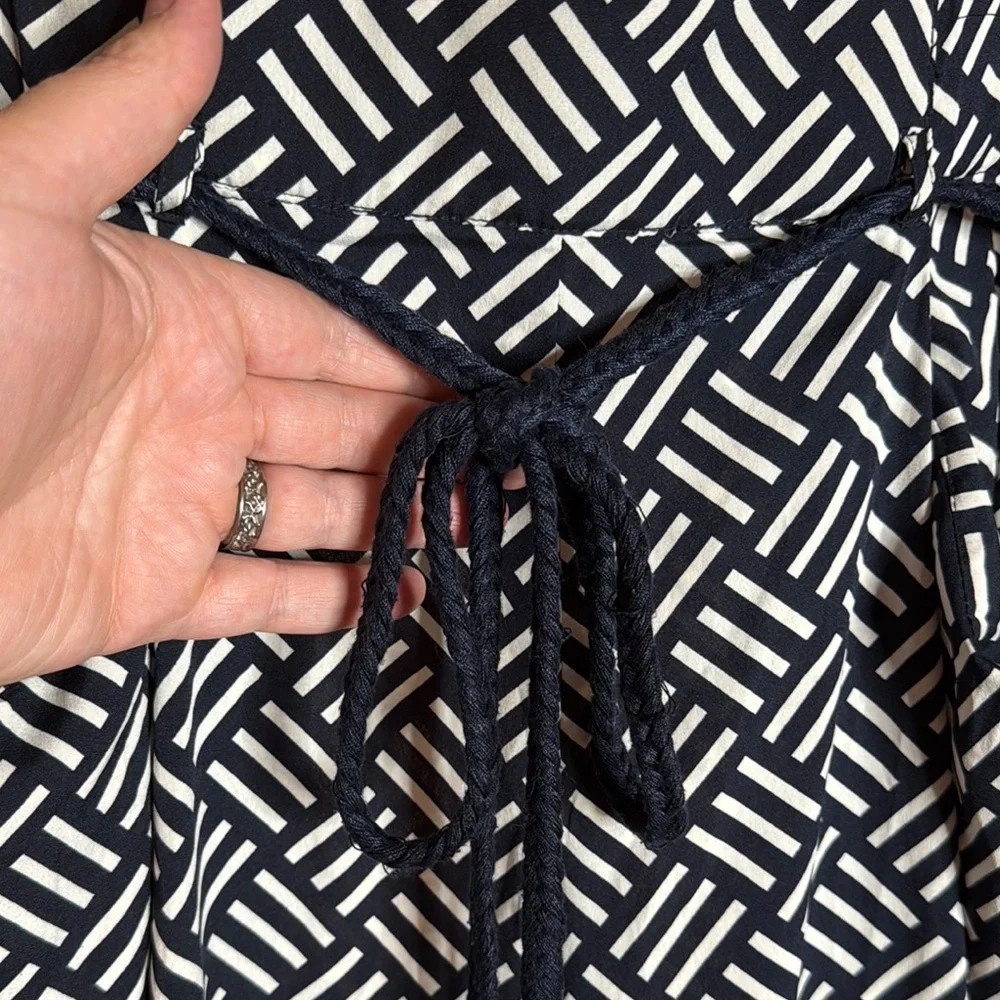 Zara Trafaluc Navy White Geometric Wide Leg Pants Tassel Tie Size Small